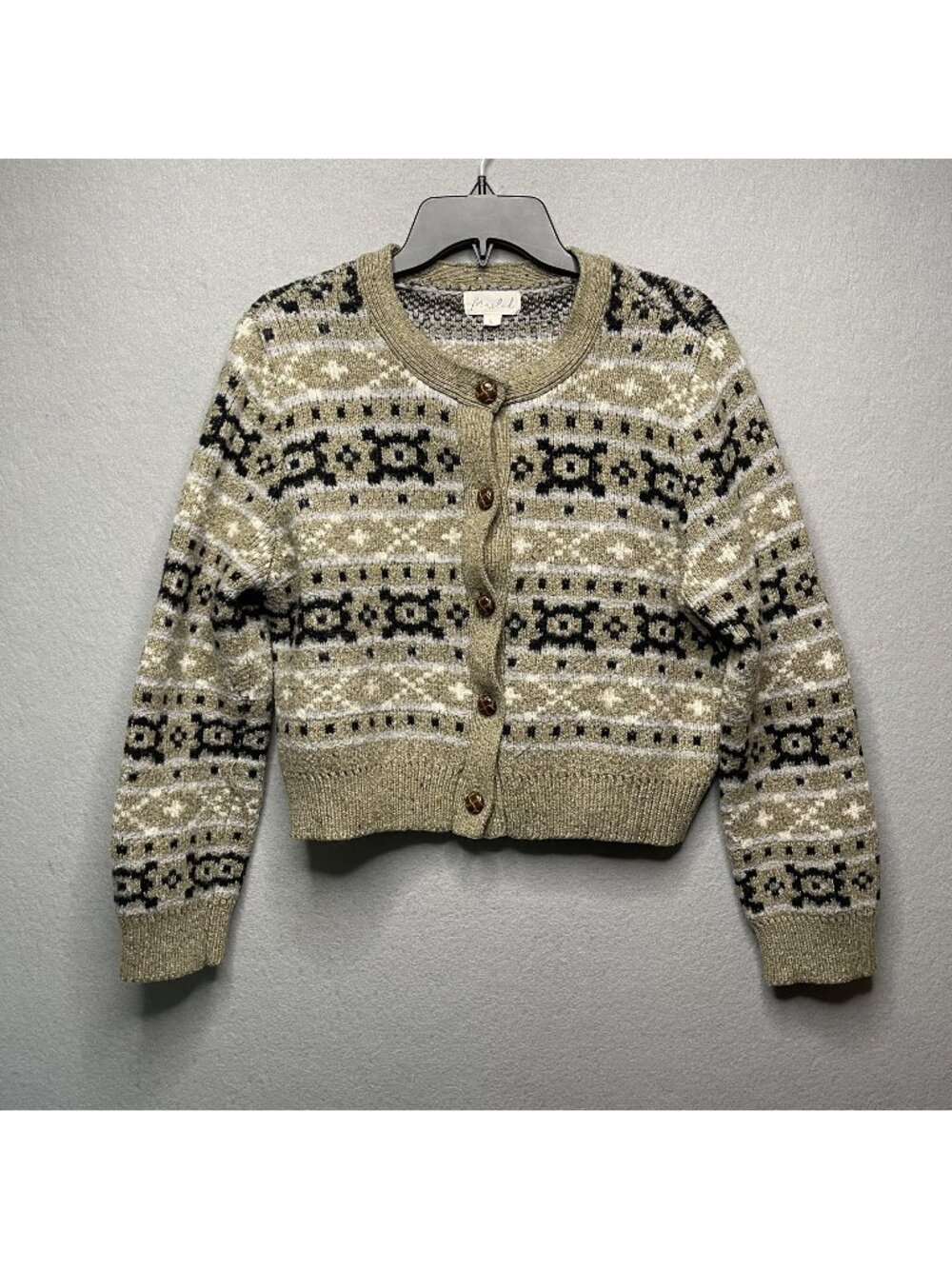 Marled Womens Fair Isle Pattern Button-Up Cardigan Tan Black Cream Knit L